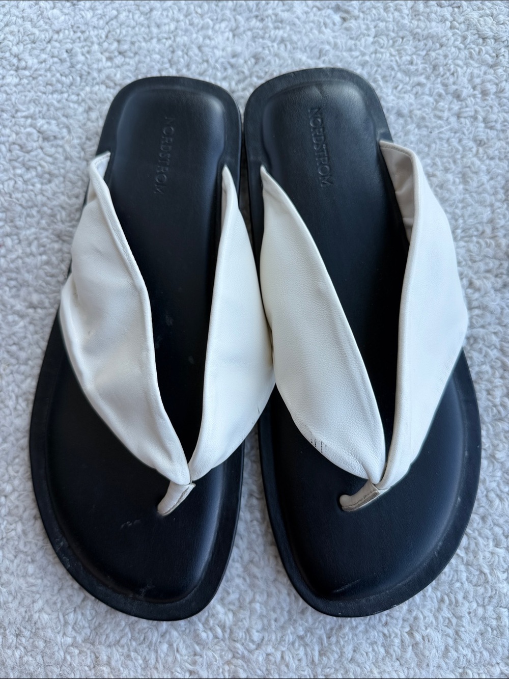 Nordstrom Black Footbed Sandals with White Padded Thong Straps